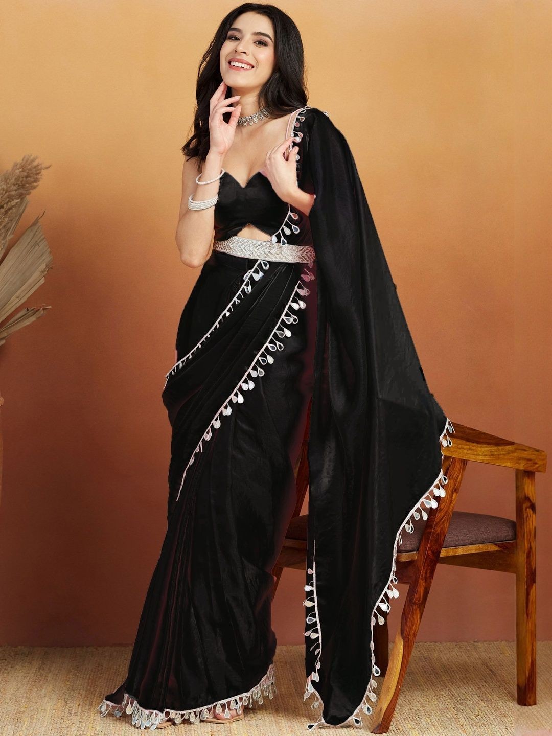 Black Solid Satin Saree with Elegant Gotta Patti Lace Border - Image 1