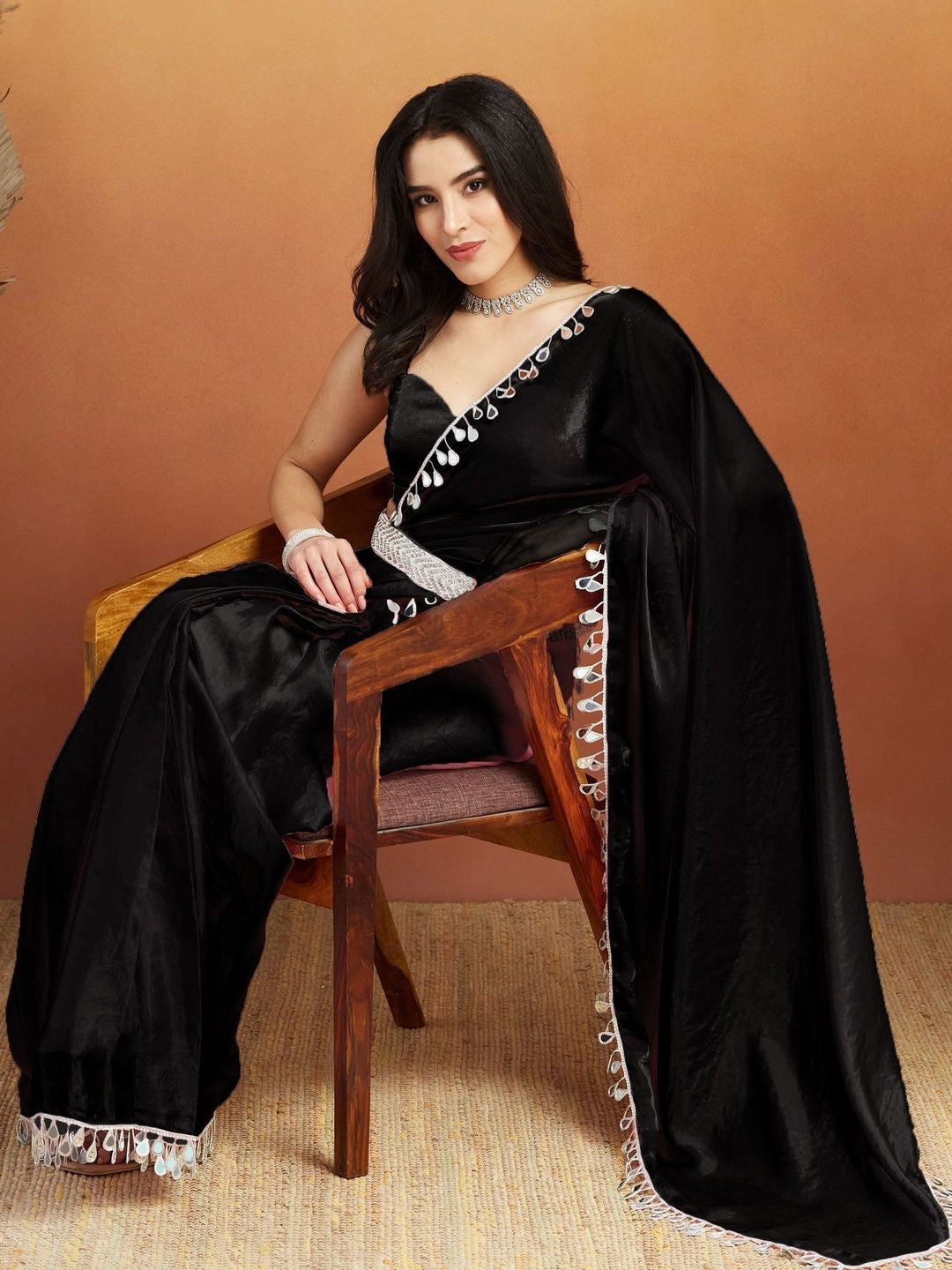 Black Solid Satin Saree with Elegant Gotta Patti Lace Border - Image 2