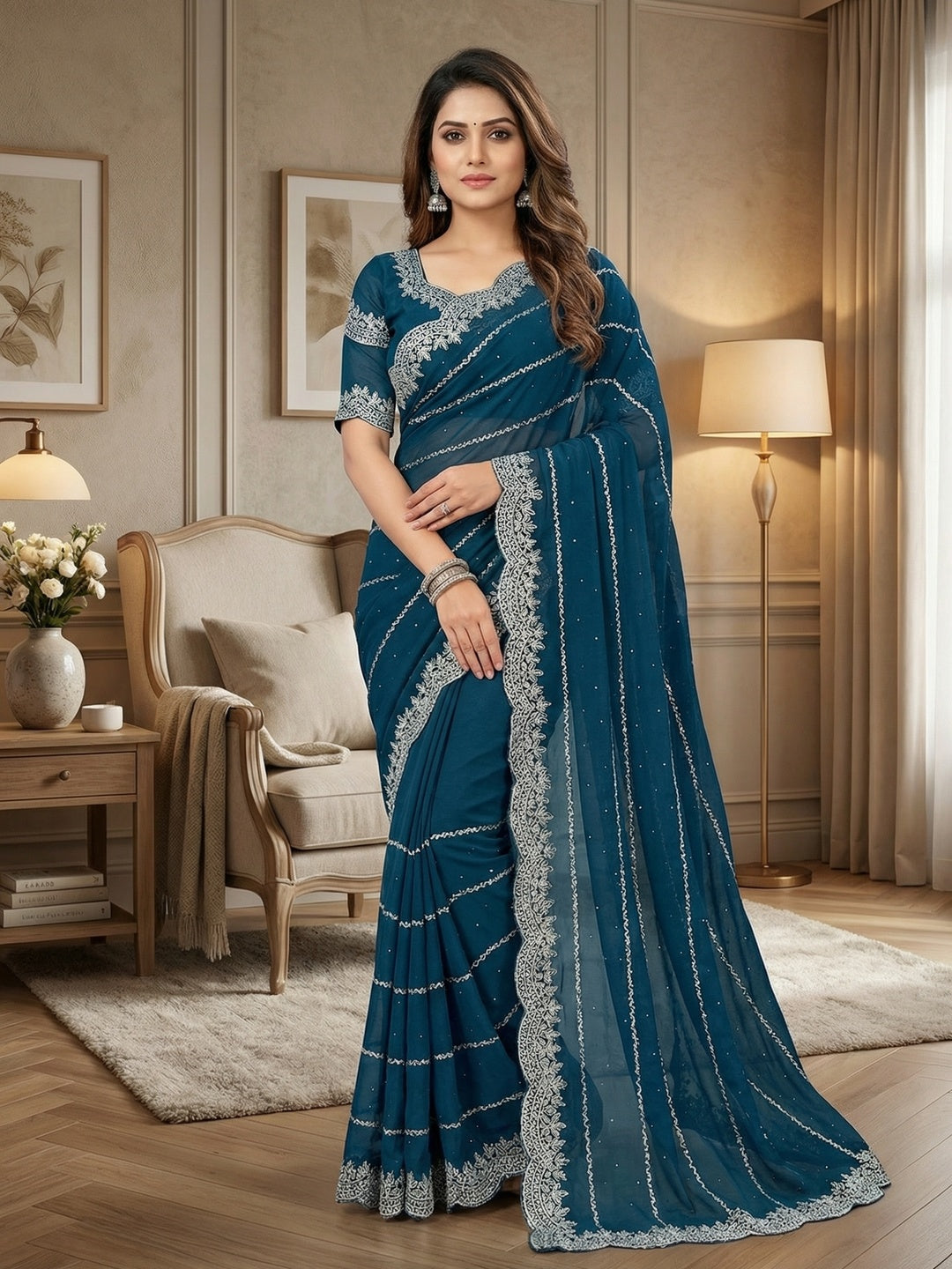 Timeless Blue Georgette Saree with Detailed Embroidery & Elegant Swarovski Embellishments - Image 1