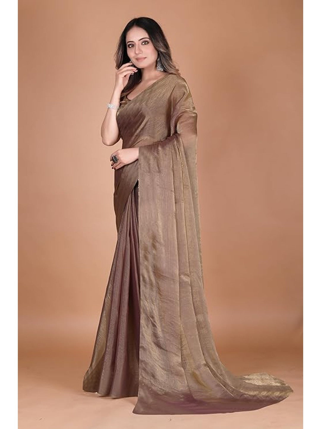 Elegant Brown Chiffon Solid Partywear Saree - Image 4