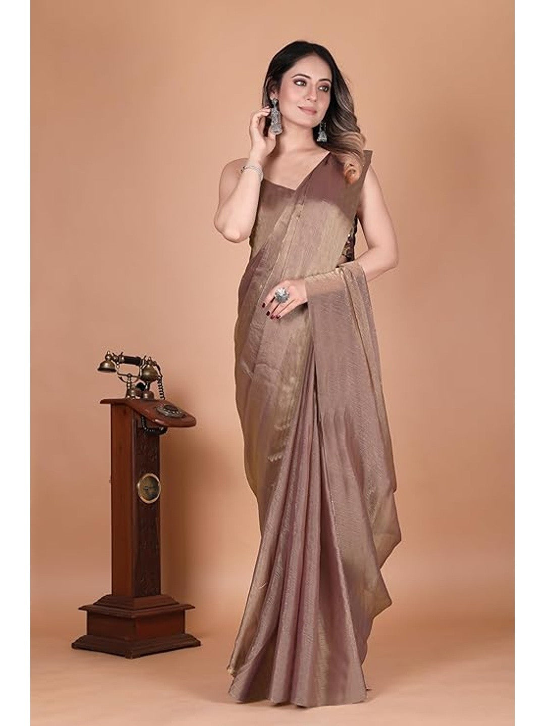 Elegant Brown Chiffon Solid Partywear Saree - Image 1