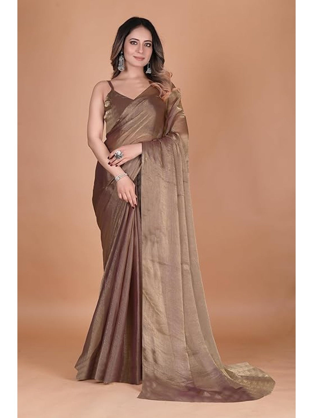 Elegant Brown Chiffon Solid Partywear Saree - Image 6