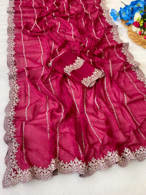 Timeless Pink Georgette Saree with Detailed Embroidery & Elegant Swarovski Embellishments - Image 2