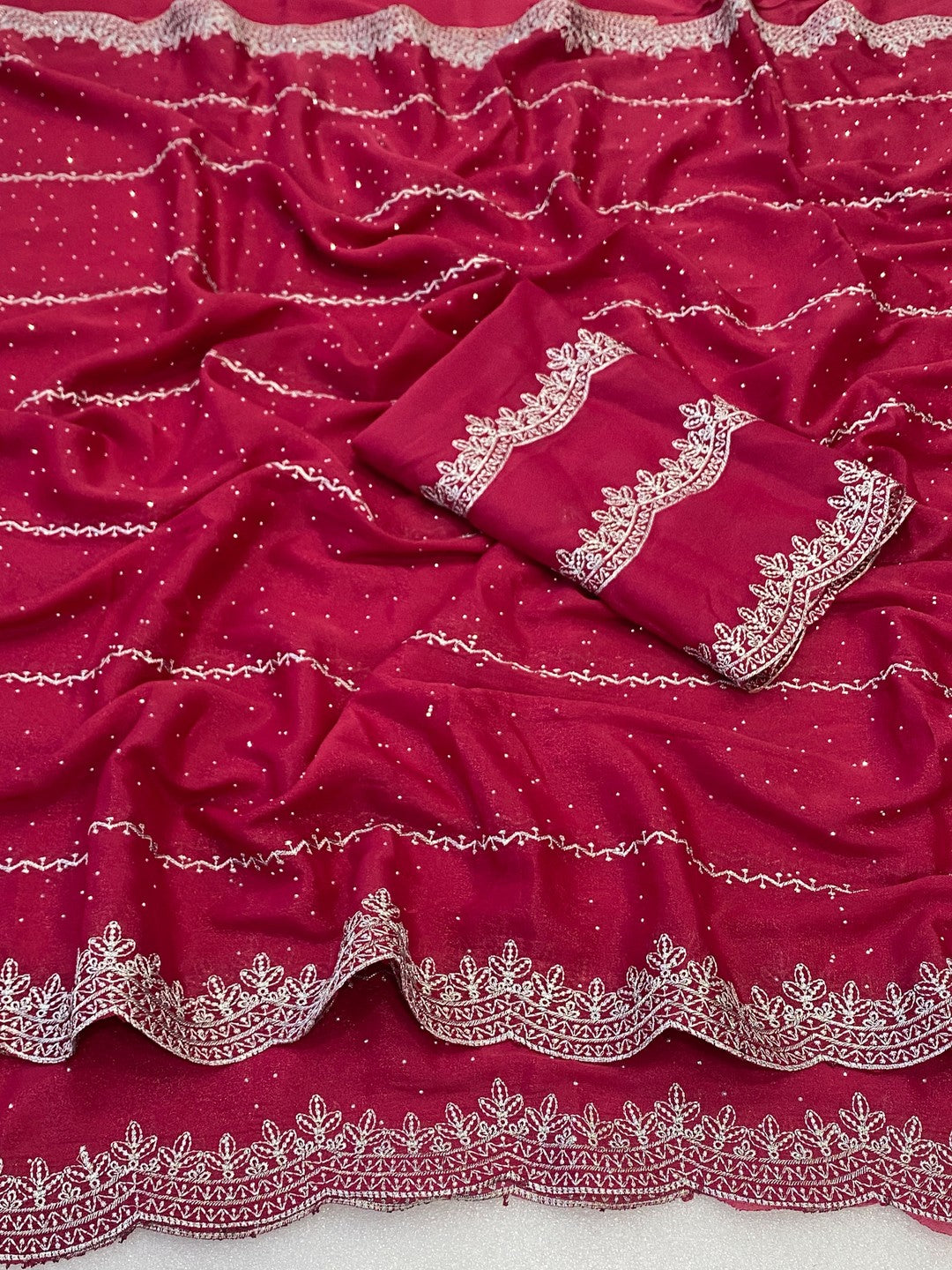 Timeless Pink Georgette Saree with Detailed Embroidery & Elegant Swarovski Embellishments - Image 3