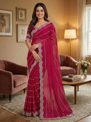 Timeless Pink Georgette Saree with Detailed Embroidery & Elegant Swarovski Embellishments - Image 1
