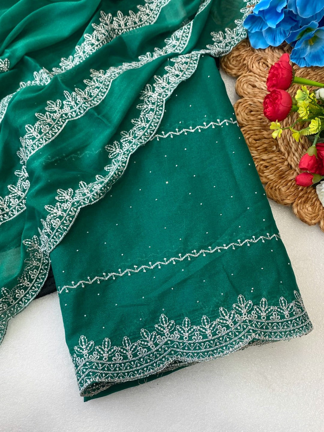 Timeless Rama Green Georgette Saree with Detailed Embroidery & Elegant Swarovski Embellishments - Image 4
