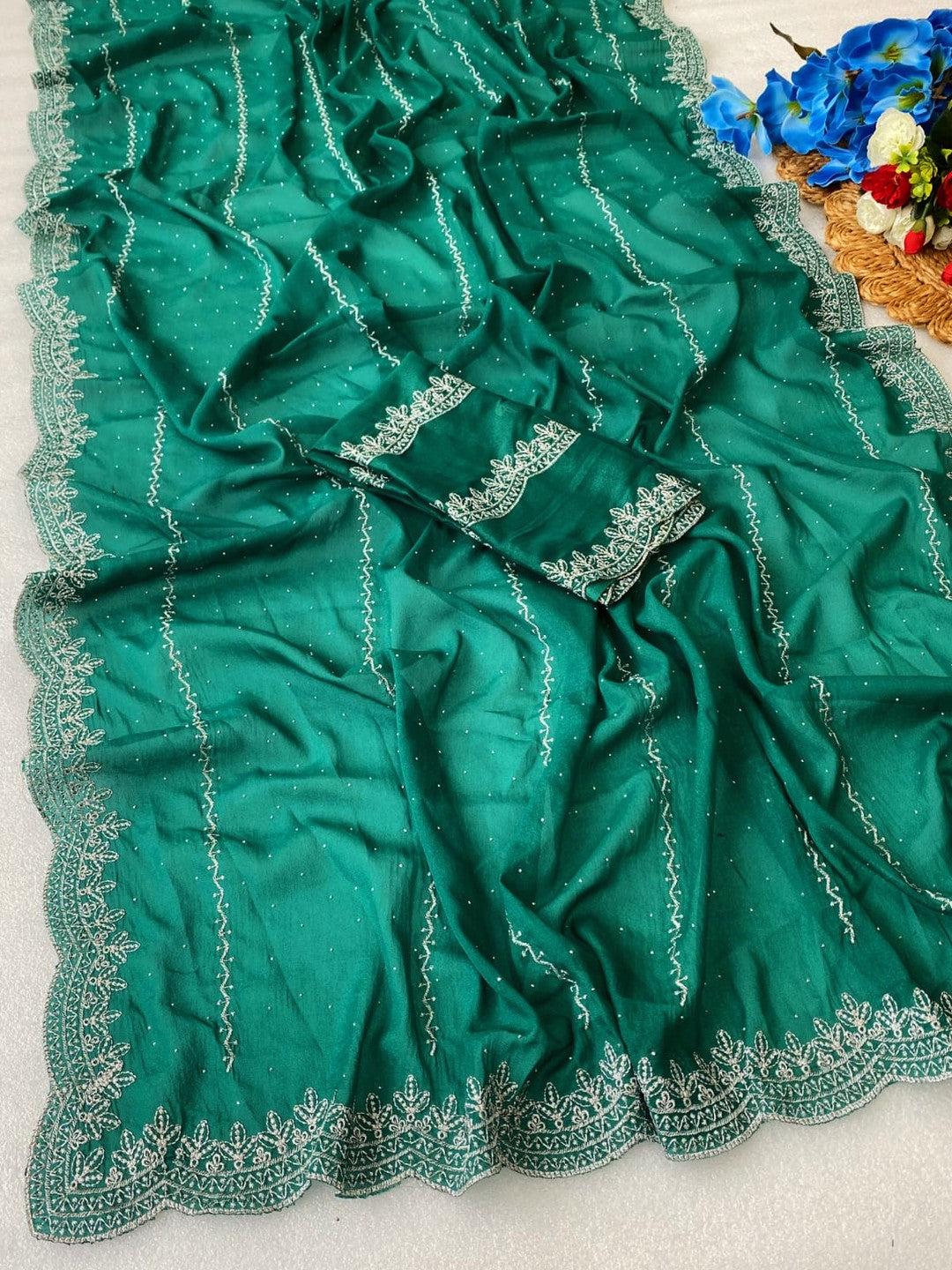Timeless Rama Green Georgette Saree with Detailed Embroidery & Elegant Swarovski Embellishments - Image 2