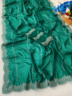 Timeless Rama Green Georgette Saree with Detailed Embroidery & Elegant Swarovski Embellishments - Image 2