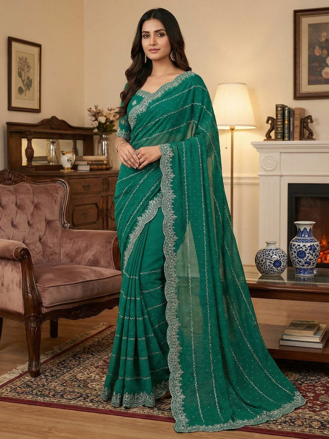 Timeless Rama Green Georgette Saree with Detailed Embroidery & Elegant Swarovski Embellishments - Image 1