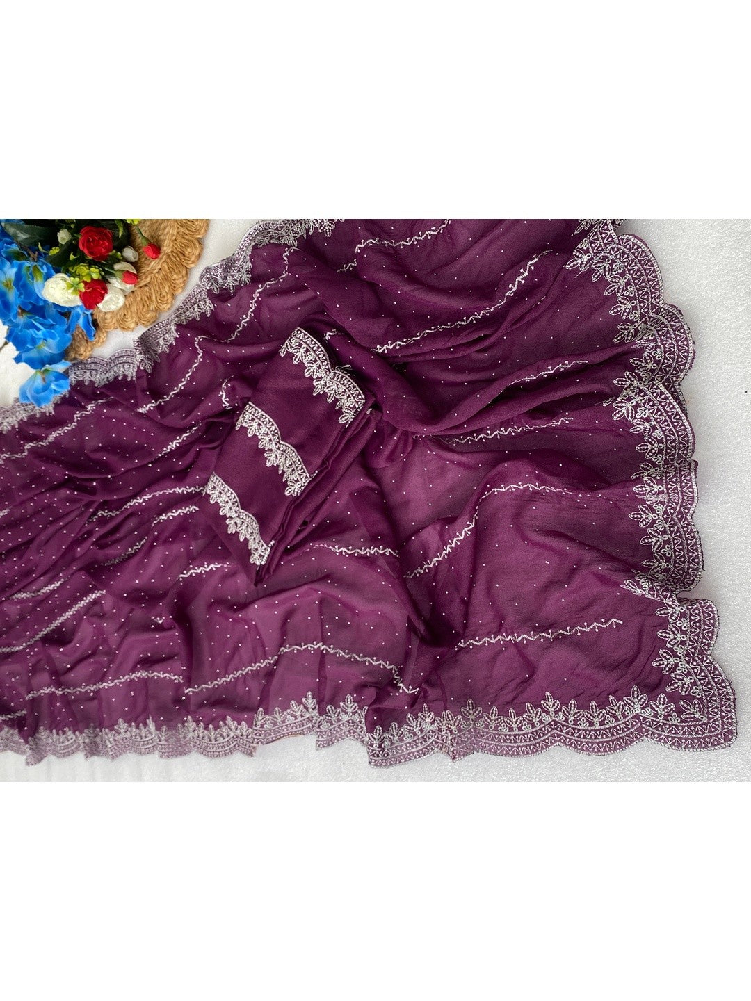 Timeless Wine Georgette Saree with Detailed Embroidery & Elegant Swarovski Embellishments - Image 2