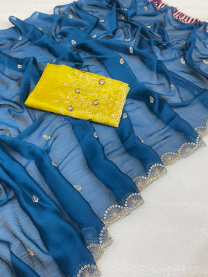 Premium Blue Georgette Saree With Rich Sequins Embroidery & Designer Tassel Pallu - Image 2