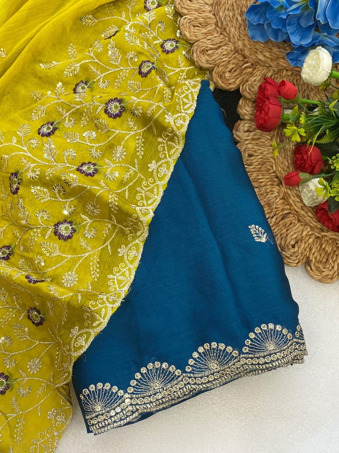 Premium Blue Georgette Saree With Rich Sequins Embroidery & Designer Tassel Pallu - Image 3