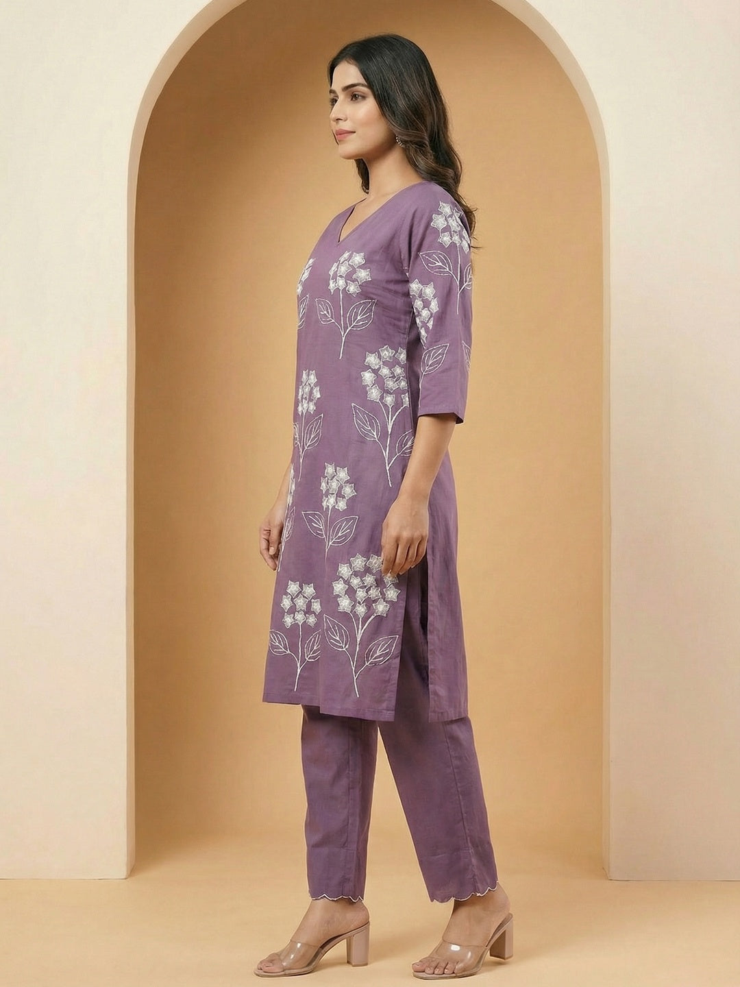 Lavender Floral Embroidered Pure Cotton A-Line Kurta and Bottom Set for Elegant Ethnic Wear - Image 4