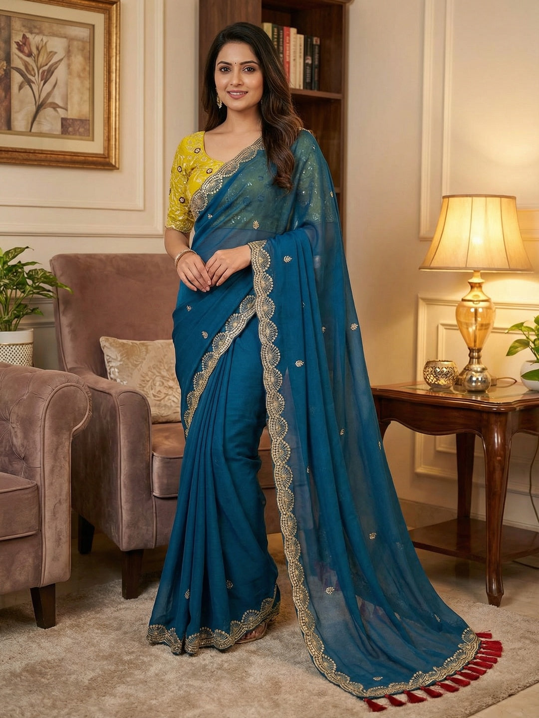 Premium Blue Georgette Saree With Rich Sequins Embroidery & Designer Tassel Pallu - Image 1