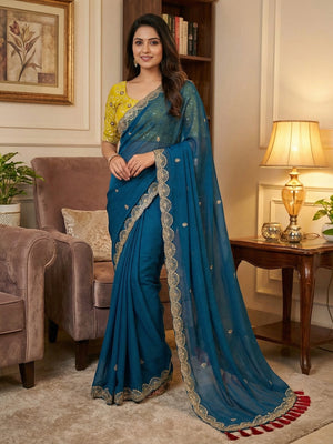 Premium Blue Georgette Saree With Rich Sequins Embroidery & Designer Tassel Pallu - Image 1
