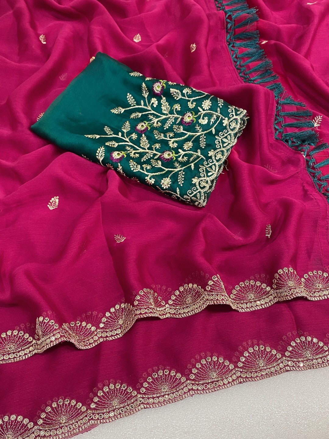 Premium Pink Georgette Saree With Rich Sequins Embroidery & Designer Tassel Pallu - Image 3