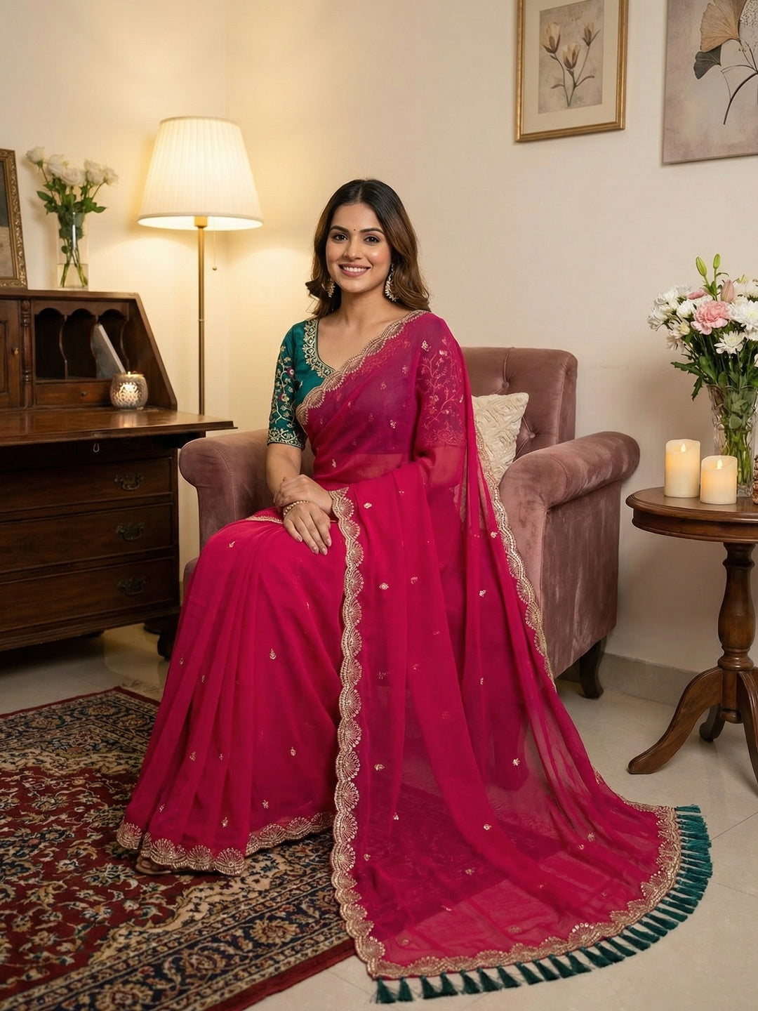 Premium Pink Georgette Saree With Rich Sequins Embroidery & Designer Tassel Pallu - Image 1