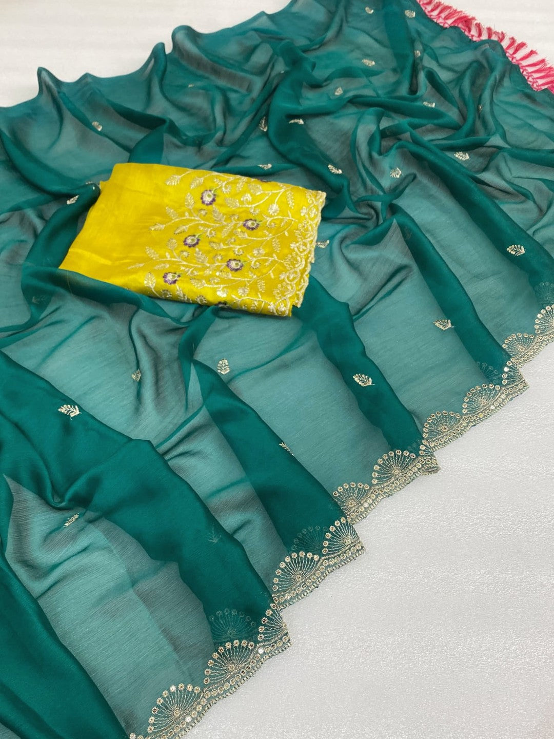 Premium Rama Green Georgette Saree With Rich Sequins Embroidery & Designer Tassel Pallu - Image 2