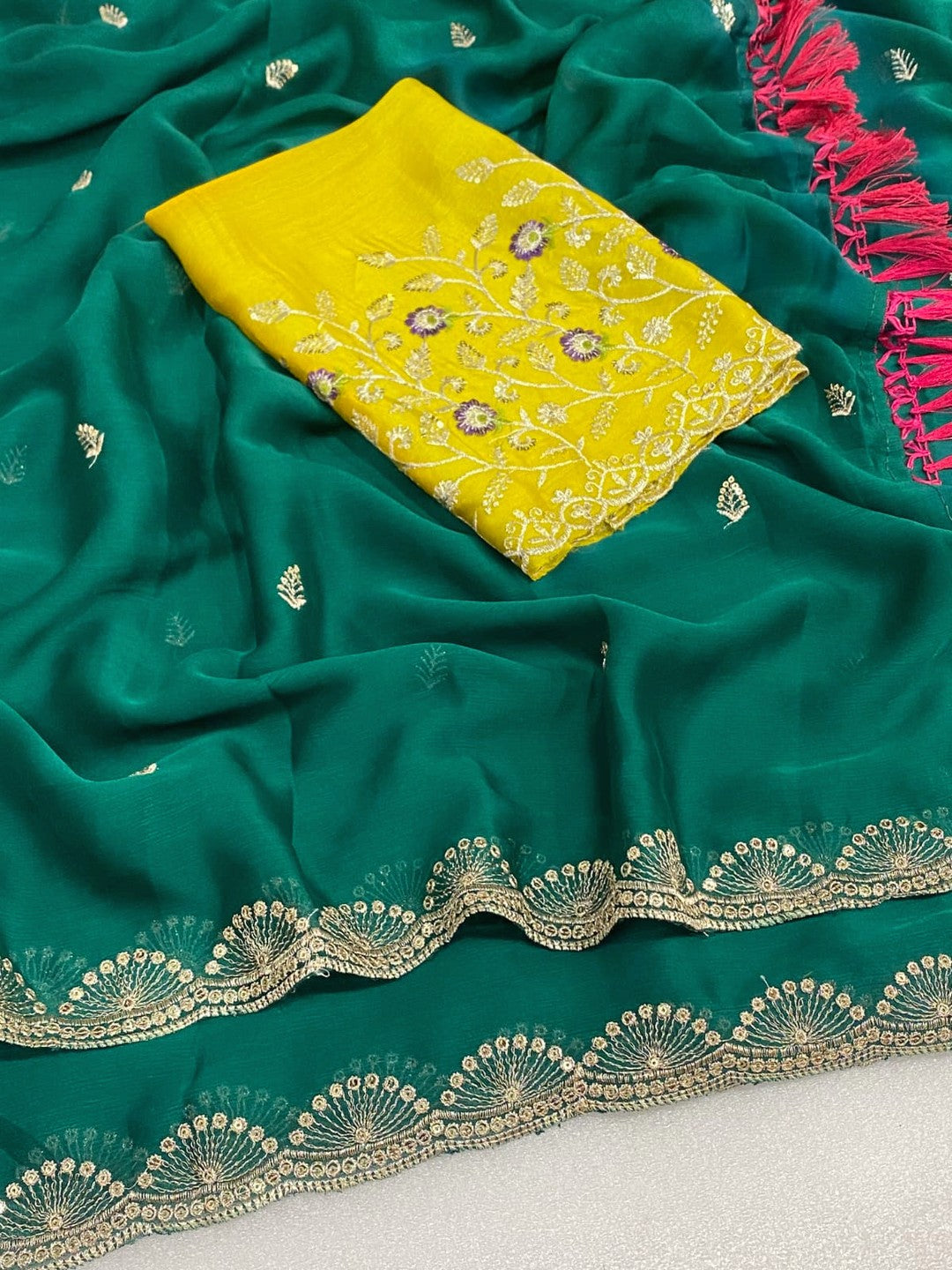 Premium Rama Green Georgette Saree With Rich Sequins Embroidery & Designer Tassel Pallu - Image 4