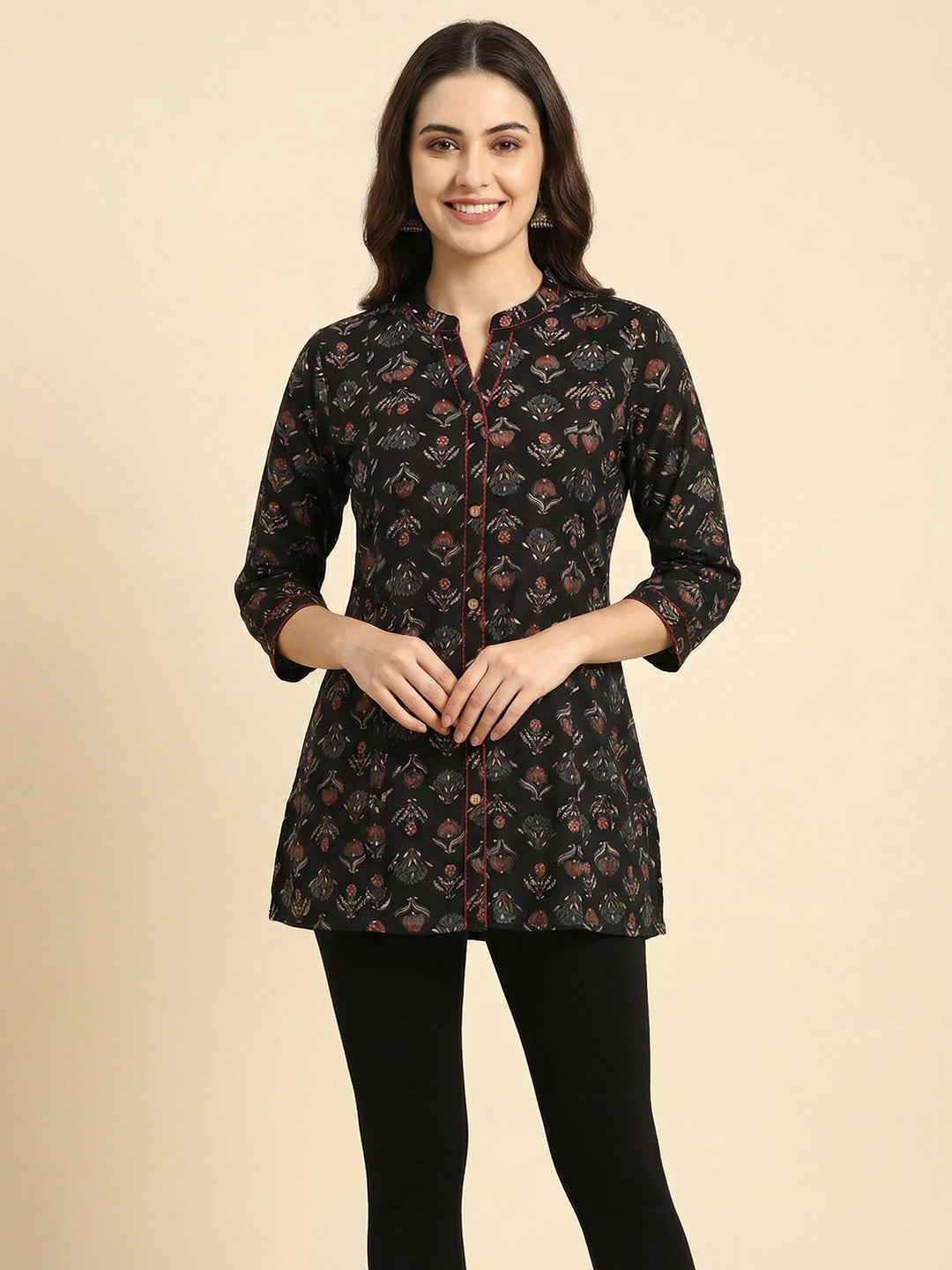 Black Floral Printed Rayon Straight Fit Top for Modern Casual Look - Image 1