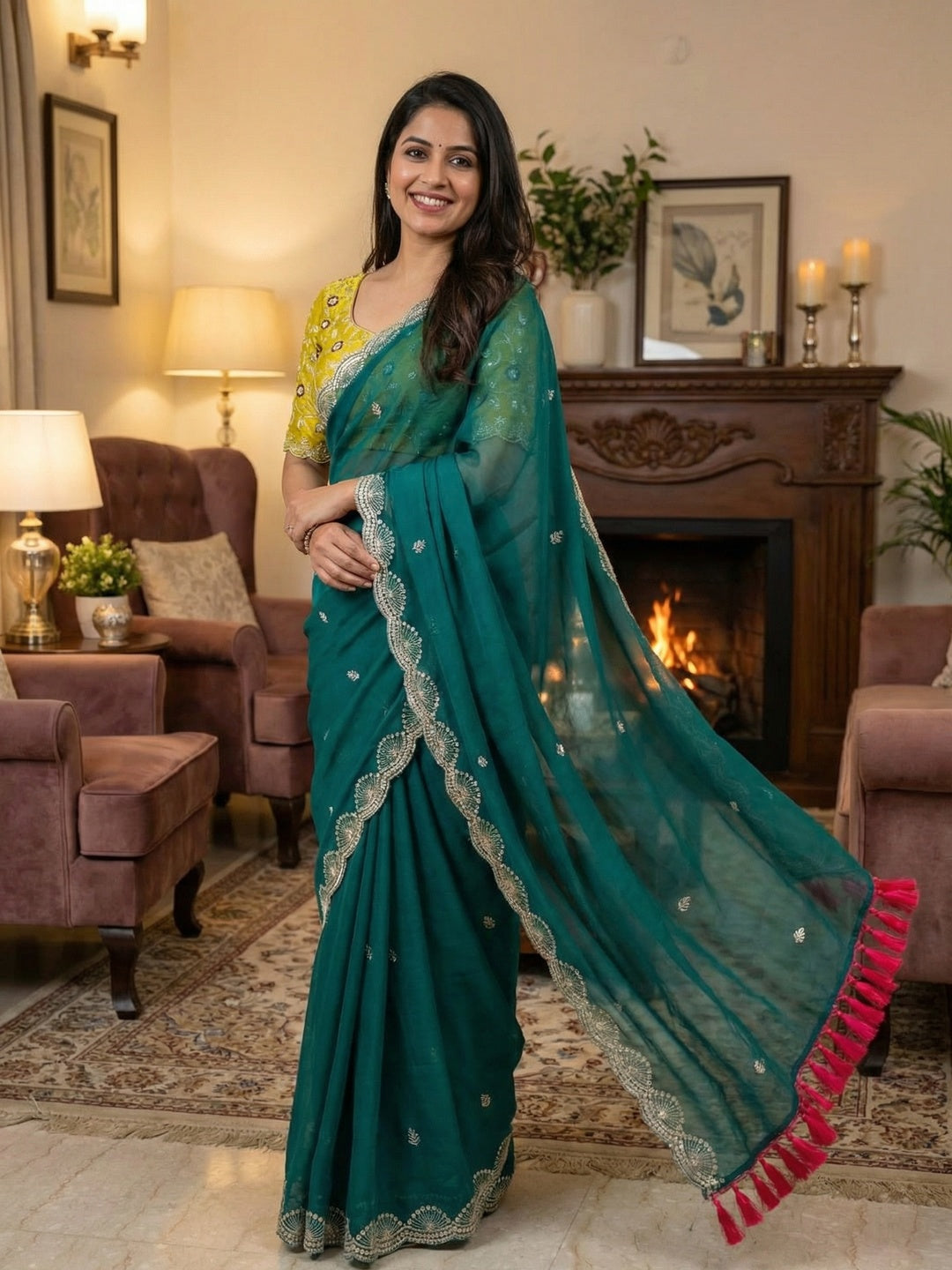 Premium Rama Green Georgette Saree With Rich Sequins Embroidery & Designer Tassel Pallu - Image 1