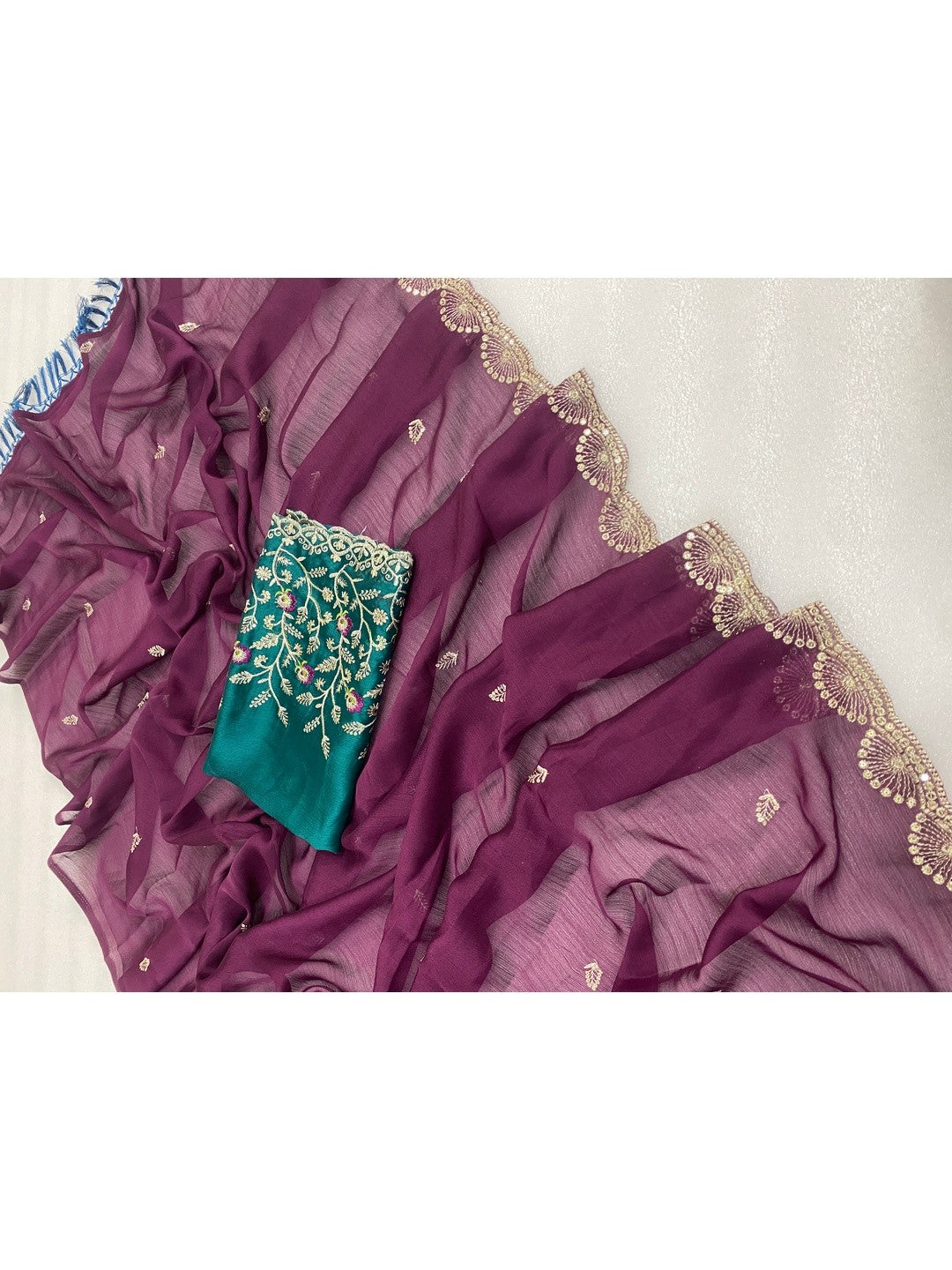 Premium Wine Georgette Saree With Rich Sequins Embroidery & Designer Tassel Pallu - Image 3