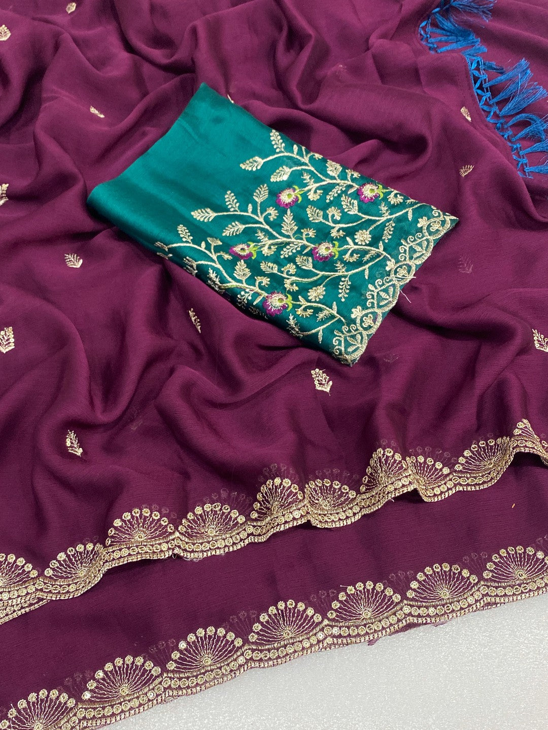 Premium Wine Georgette Saree With Rich Sequins Embroidery & Designer Tassel Pallu - Image 2