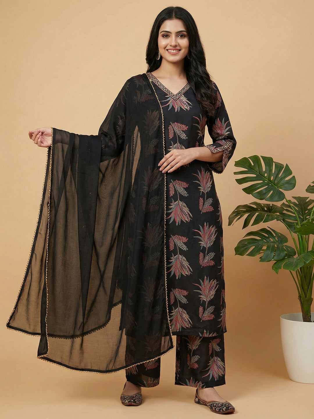Black Floral Printed Mul Chanderi Straight Fit Salwar Suit for Modern Ethnic Look - Image 1