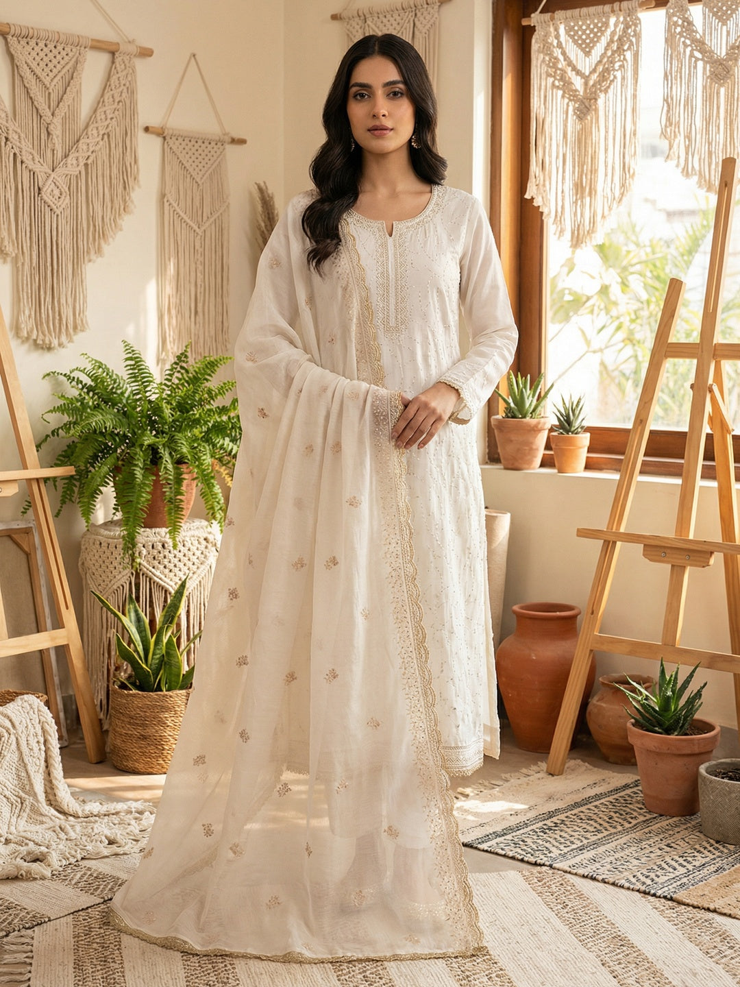 Premium Cream Cotton Silk Dress Material Enhanced With Delicate Thread Embroidery & Handwork - Image 1