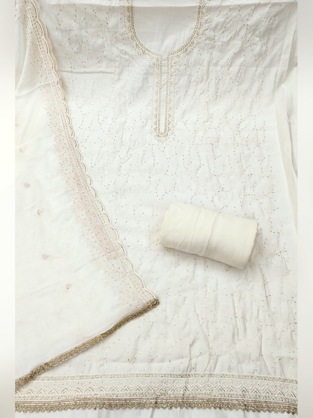 Premium Cream Cotton Silk Dress Material Enhanced With Delicate Thread Embroidery & Handwork - Image 3