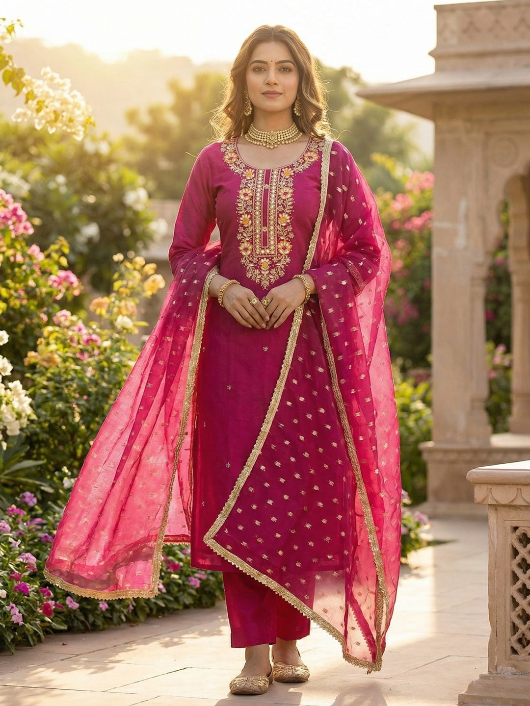 Rani Pink Chanderi Silk Dress Material Showcasing Floral Embroidery & Artisanal Gota Patti Work - Image 2