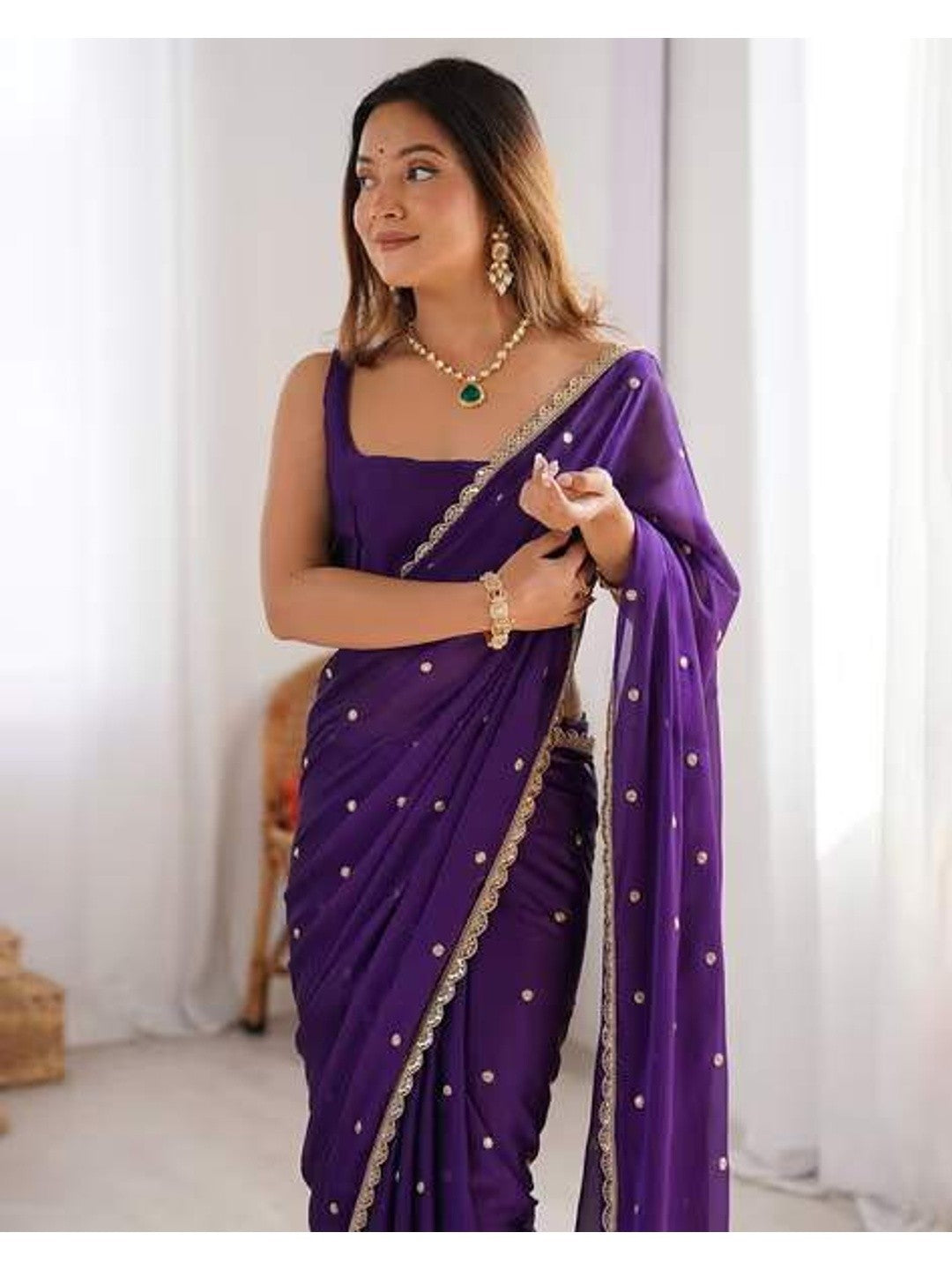 Royal Purple Georgette Silk Party Wear Saree with Elegant Sequins Embellishment - Image 3
