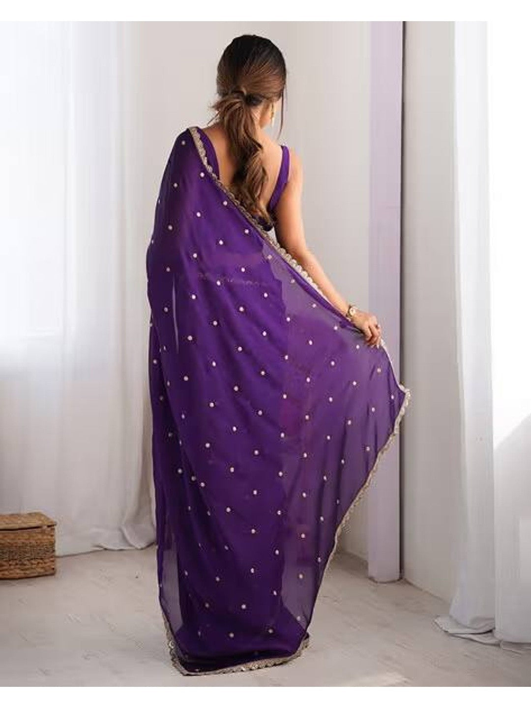 Royal Purple Georgette Silk Party Wear Saree with Elegant Sequins Embellishment - Image 3