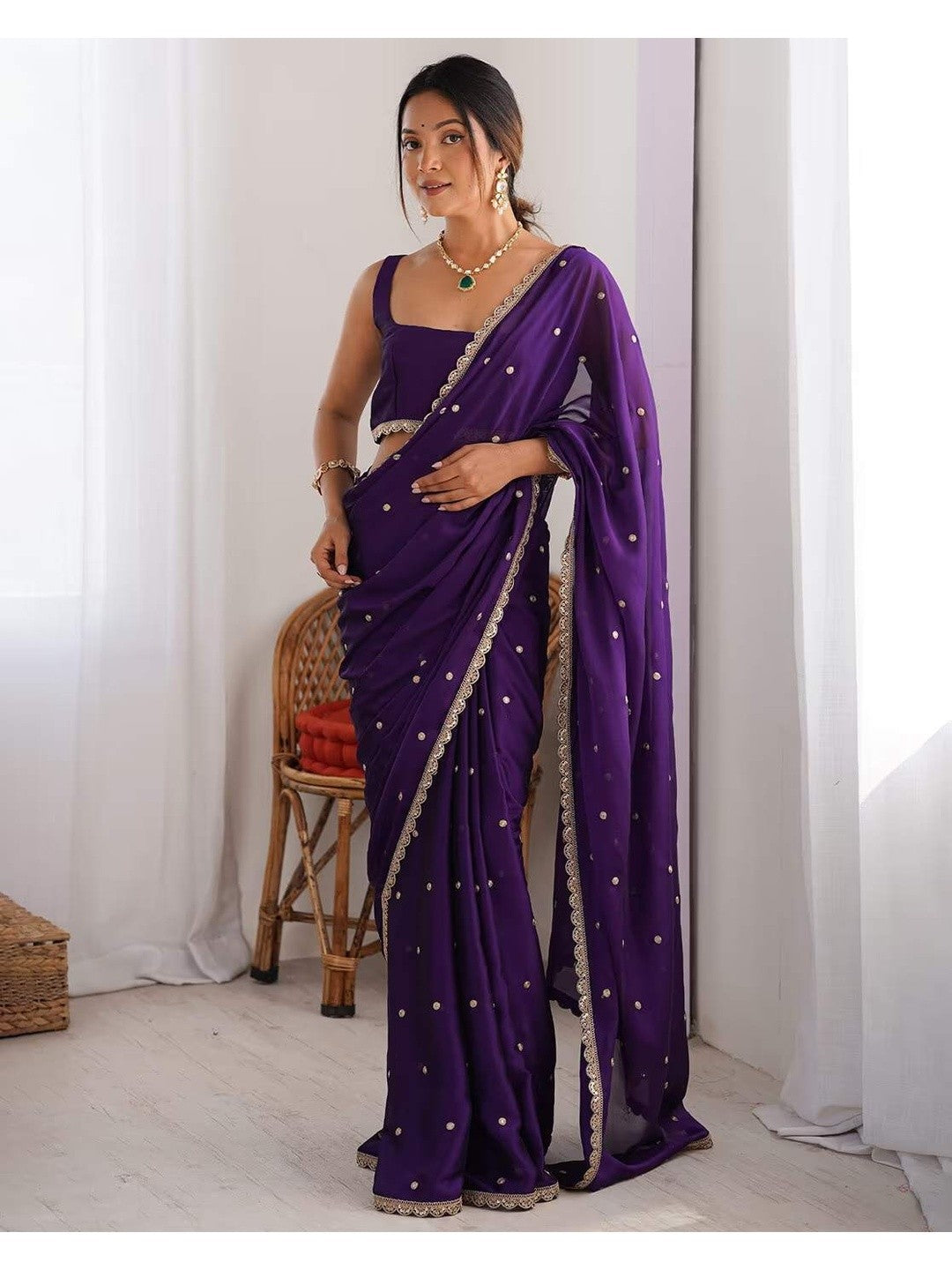 Royal Purple Georgette Silk Party Wear Saree with Elegant Sequins Embellishment - Image 1