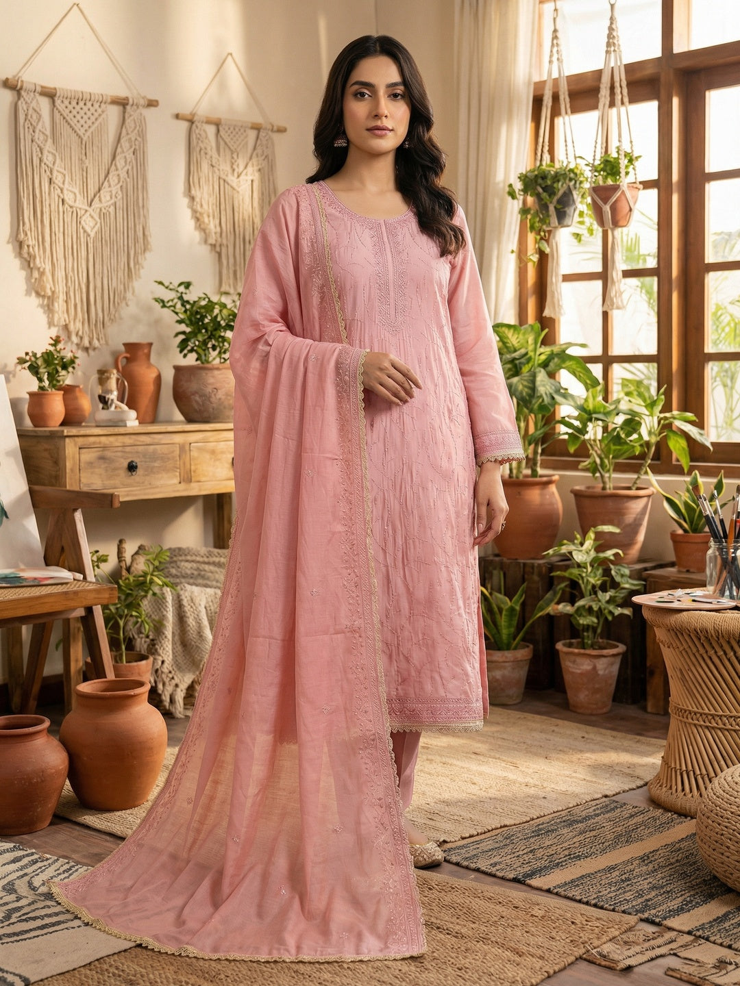 Premium Peach Cotton Silk Dress Material Enhanced With Delicate Thread Embroidery & Handwork - Image 1