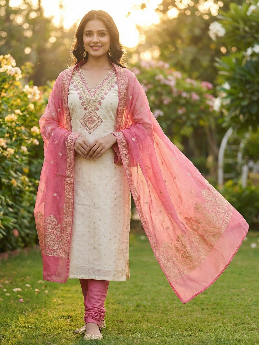 Elegant Cream & Pink Butti Chanderi Silk Dress Material With Cording & Sequins Embroidery Work - Image 1