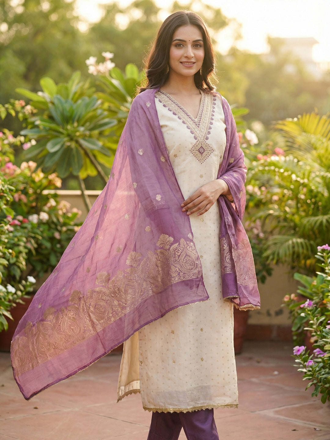 Elegant Cream & Purple Butti Chanderi Silk Dress Material With Cording & Sequins Embroidery Work - Image 1