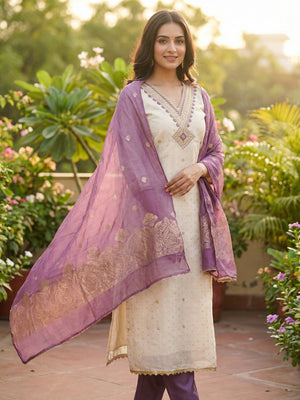 Elegant Cream & Purple Butti Chanderi Silk Dress Material With Cording & Sequins Embroidery Work - Image 1