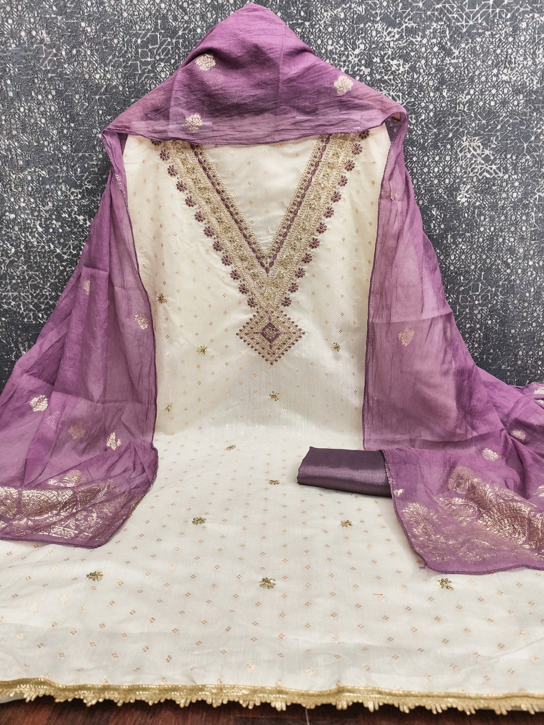 Elegant Cream & Purple Butti Chanderi Silk Dress Material With Cording & Sequins Embroidery Work - Image 3