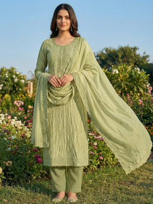 Premium Green Cotton Silk Dress Material Enhanced With Delicate Thread Embroidery & Handwork - Image 1
