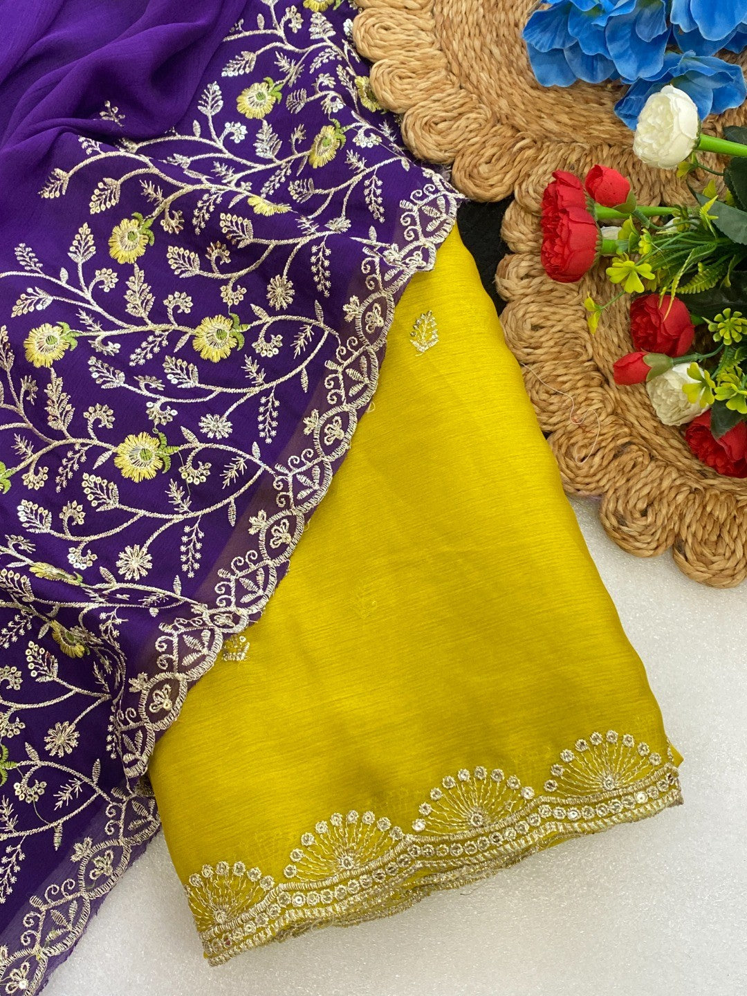 Premium Lemon Yellow Georgette Saree With Rich Sequins Embroidery & Designer Tassel Pallu - Image 3