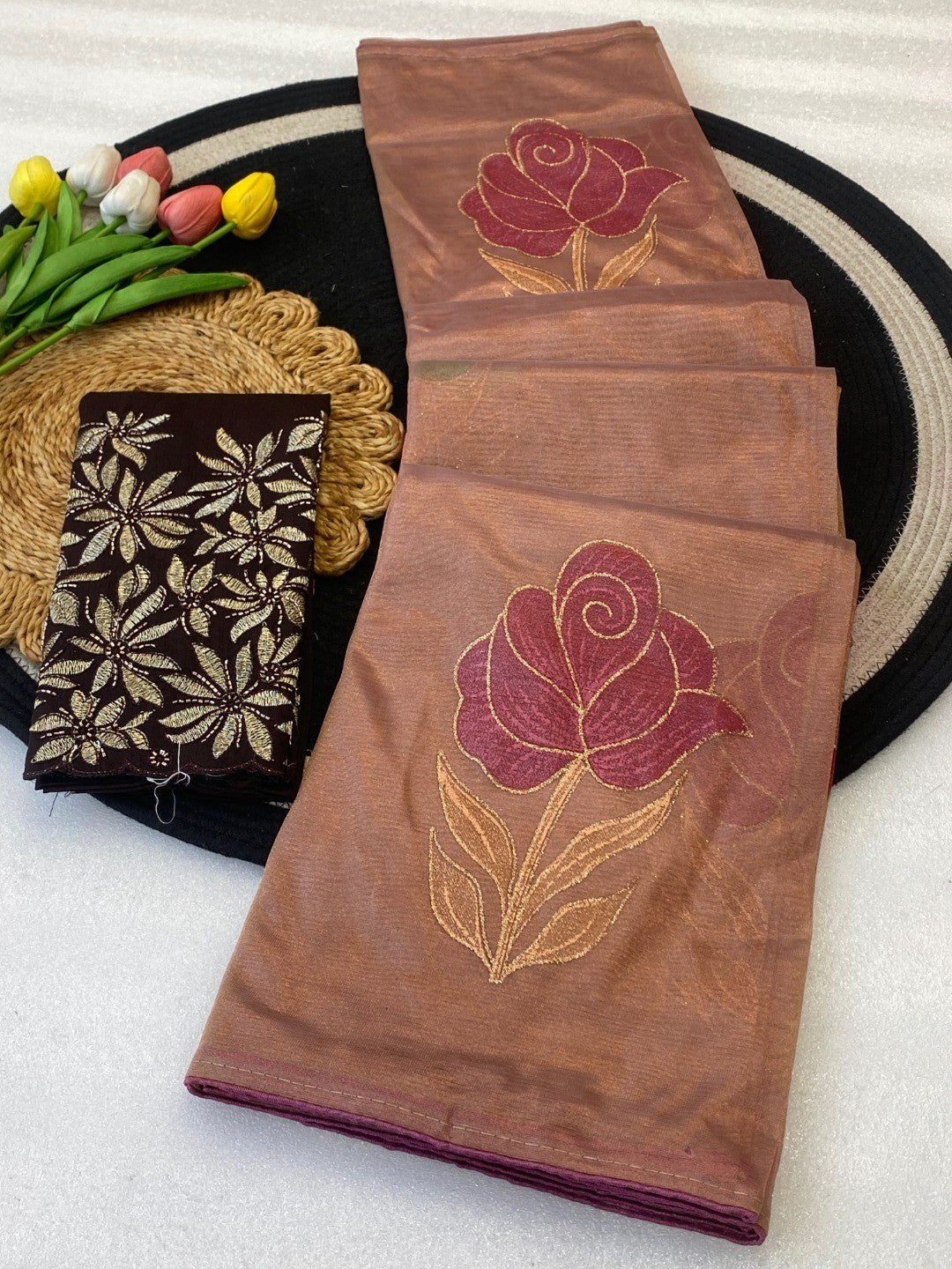 Elegant Chikoo Twill Net Saree Adorned With Floral Foil Printed Work For A Subtle Festive Look - Image 4