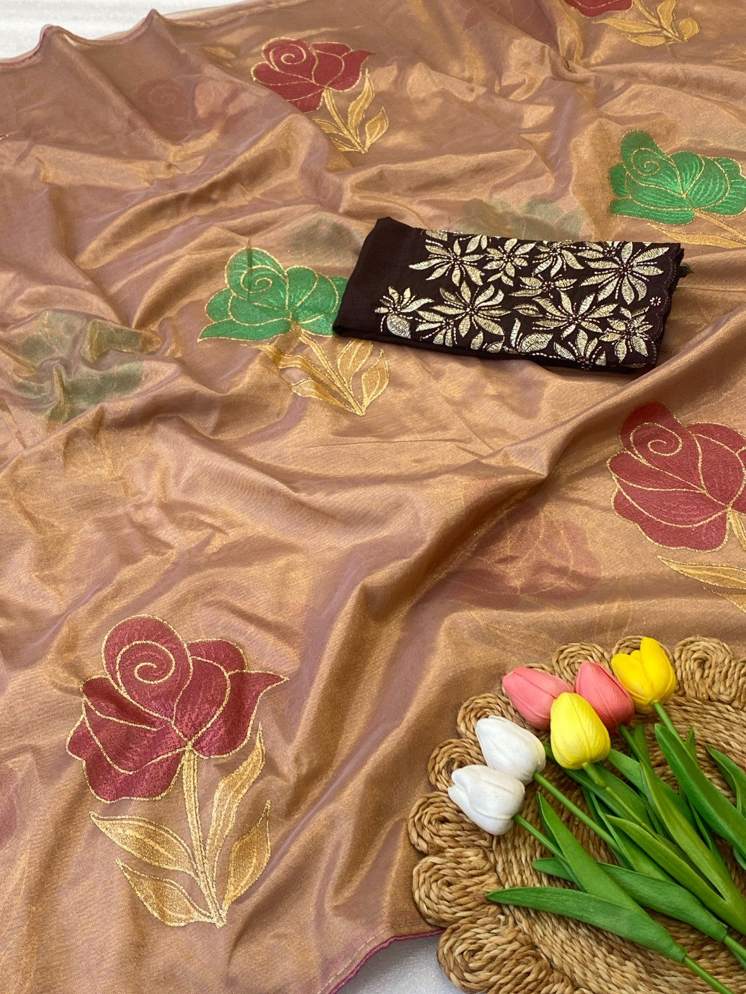 Elegant Chikoo Twill Net Saree Adorned With Floral Foil Printed Work For A Subtle Festive Look - Image 3