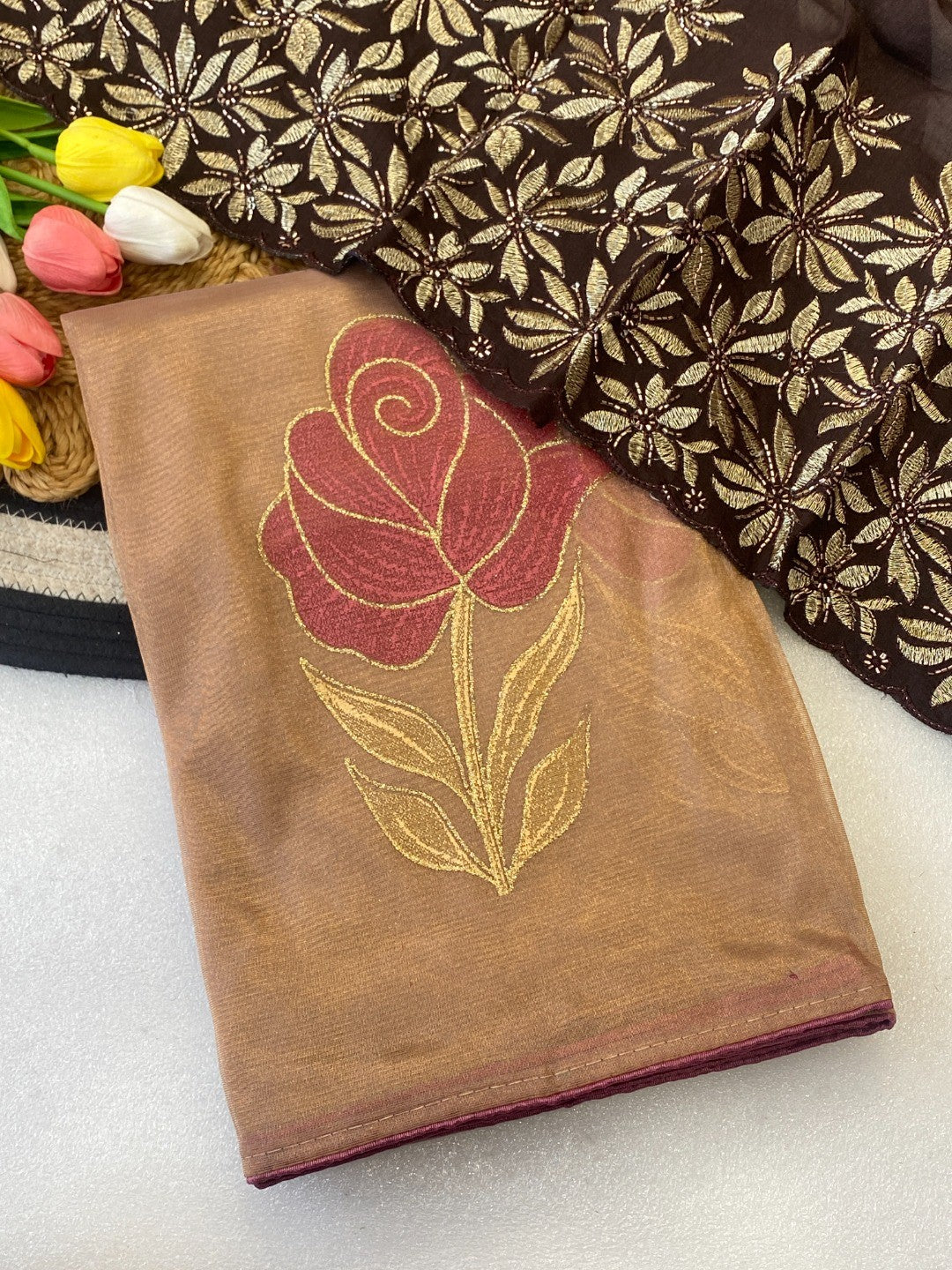 Elegant Chikoo Twill Net Saree Adorned With Floral Foil Printed Work For A Subtle Festive Look - Image 4