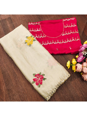 Cream & Pink Floral Thread Work Saree Viscose Beautiful Mirror Border Festive Glamour - Image 2