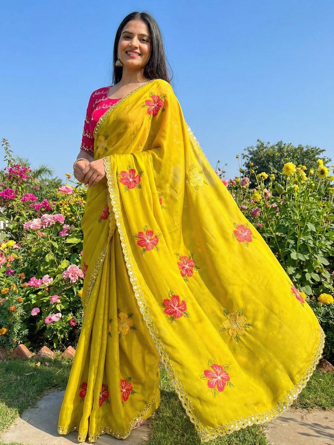 Yellow & Pink Floral Thread Work Saree Viscose Beautiful Mirror Border Festive Glamour - Image 1