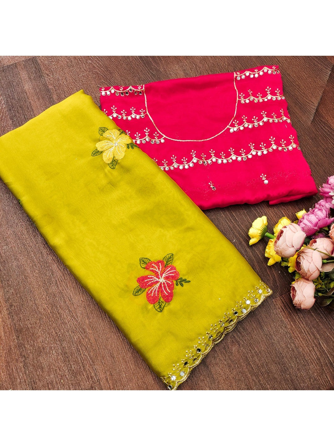 Yellow & Pink Floral Thread Work Saree Viscose Beautiful Mirror Border Festive Glamour - Image 3