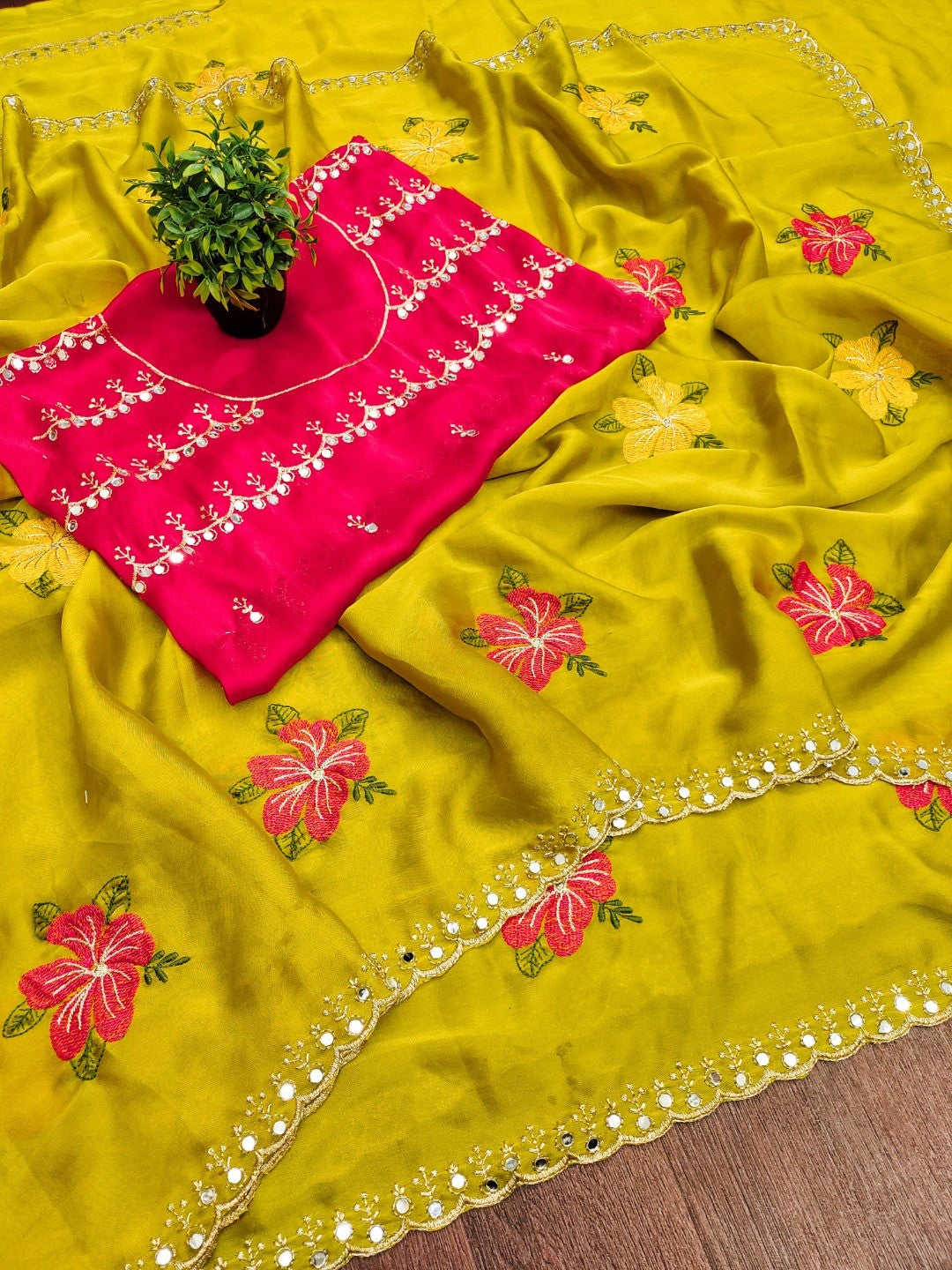 Yellow & Pink Floral Thread Work Saree Viscose Beautiful Mirror Border Festive Glamour - Image 3