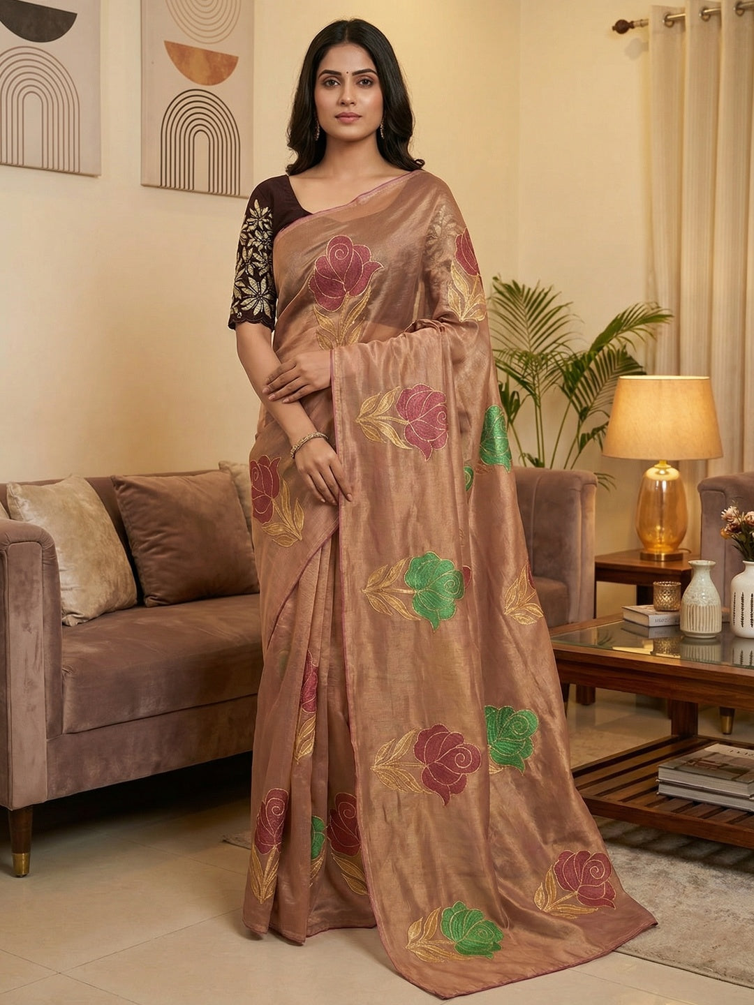 Elegant Chikoo Twill Net Saree Adorned With Floral Foil Printed Work For A Subtle Festive Look - Image 1