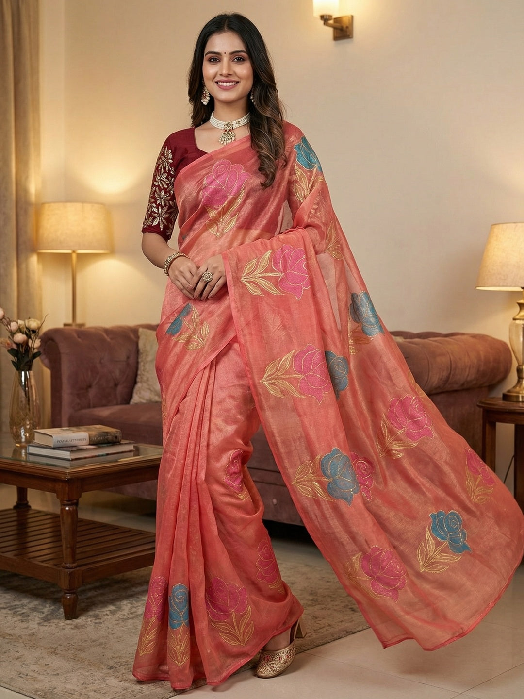 Elegant Gajari Pink Twill Net Saree Adorned With Floral Foil Printed Work For A Subtle Festive Look - Image 1